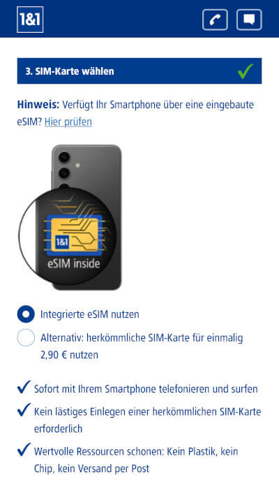 1&1 eSIM Auswahl